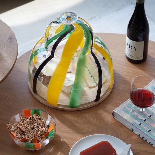 英國LSA Folk豔彩條紋木底點心玻璃盅 (黃綠、直徑30公分)-FK09