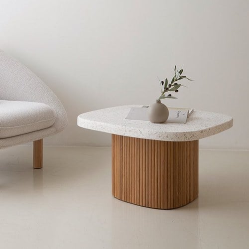 丹麥Tolv 京都園水磨石茶几 (白/橡木)
