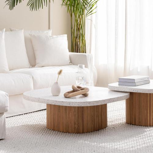 丹麥Tolv 京都園水磨石茶几 (白/橡木)