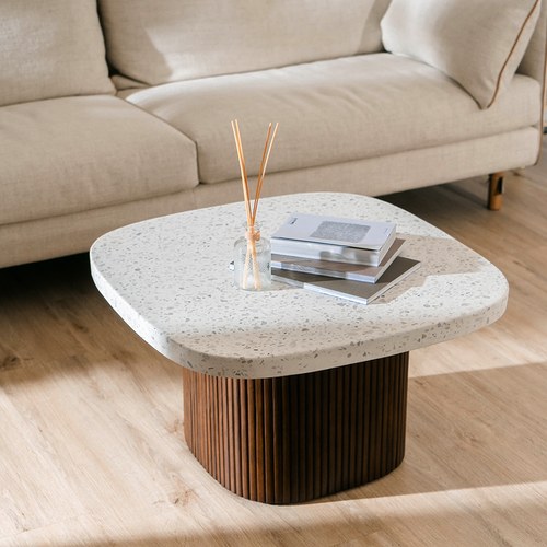 丹麥Tolv 京都園水磨石茶几 (白/深橡木)