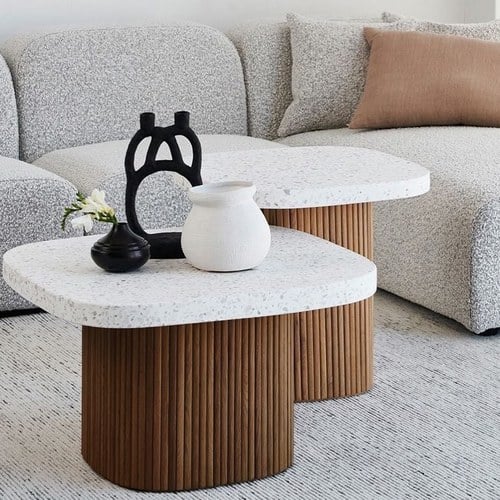 丹麥Tolv 京都園水磨石茶几 (白/深橡木)