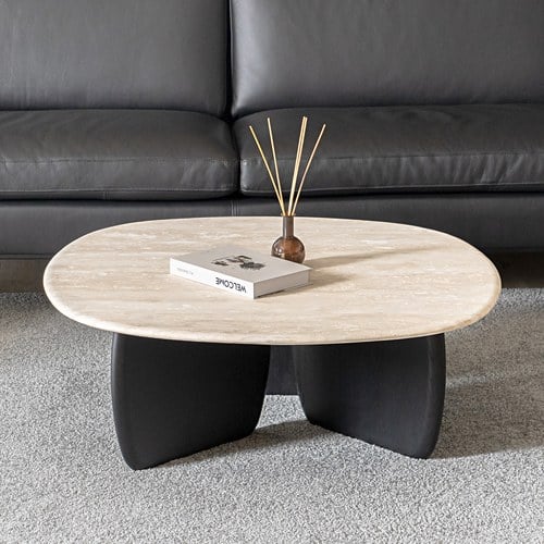 丹麥Tolv 三角摩登洞石茶几 (黑/橡木、90公分)