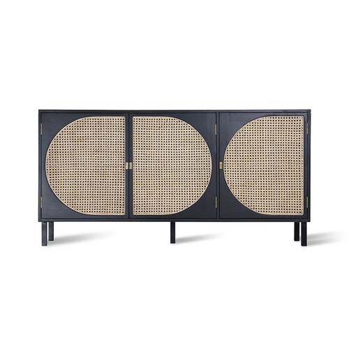 荷蘭HkLiving 半圓弧線藤編木質儲藏邊櫃(黑)