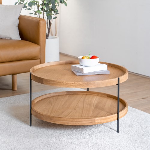 丹麥Tolv Humla 立體邊緣雙層圓形茶几 (橡木、直徑69cm)