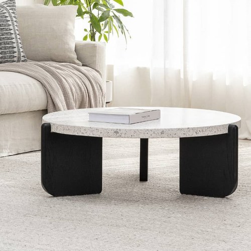 丹麥Tolv 水磨石面圓形茶几 (黑腳/白面、直徑70公分)