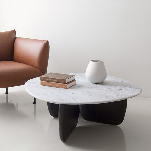 丹麥Tolv 三角摩登大理石茶几 (黑/橡木、90公分)