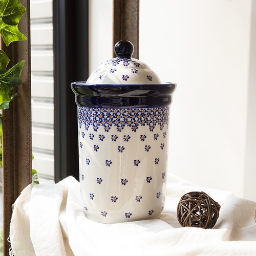 波蘭 Zaklady 藍花星點陶瓷圓型儲物罐 (直徑13.5公分)