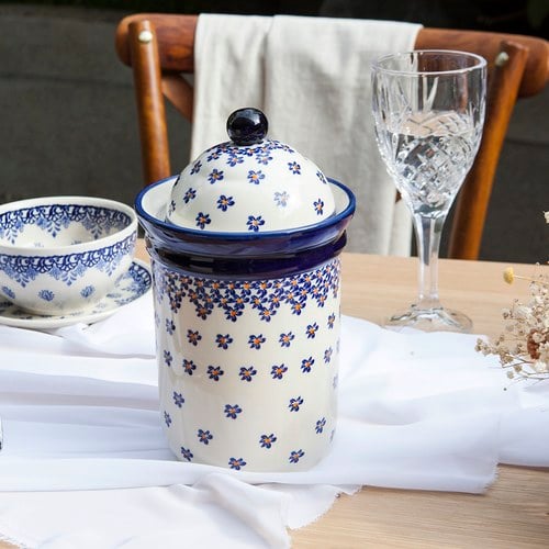 波蘭 Zaklady 藍花星點陶瓷圓型儲物罐 (直徑16.5公分)