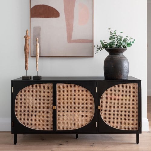 荷蘭HkLiving 半圓弧線藤編木質儲藏邊櫃(黑)