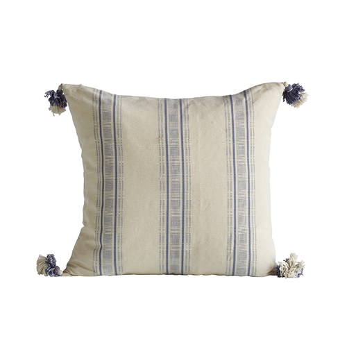 丹麥tineKhome 流蘇線條方形棉質靠枕 (洋藍、長50公分)